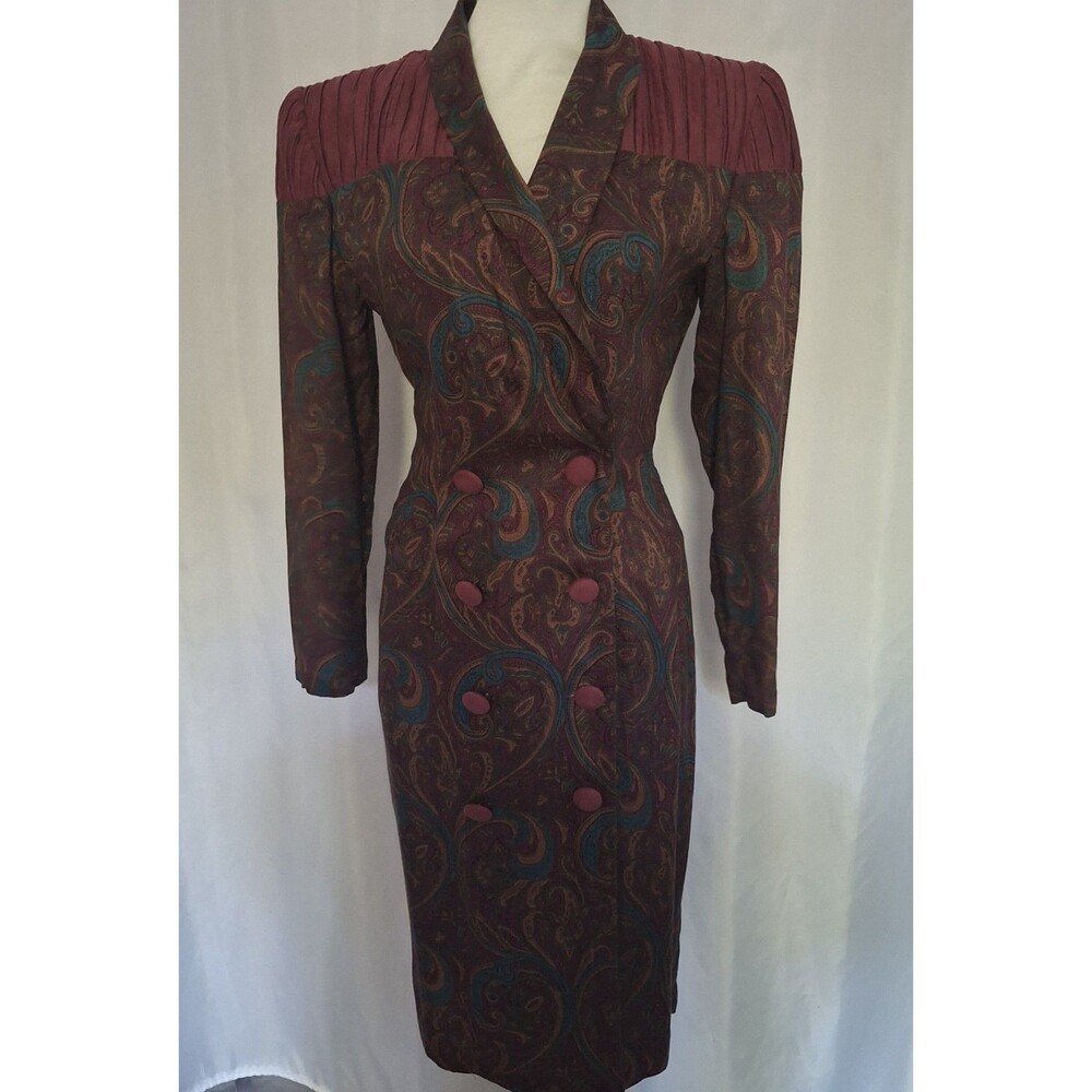 Vtg. 80s John Roberts  Coat Dress Paisley Print Double Breasted USA Sz 5/6